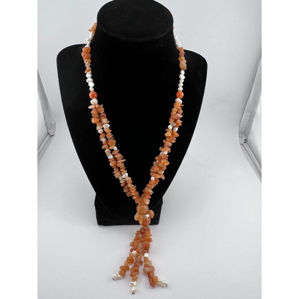 Vintage Antique Women's Orange White Stone Tassel Handcrafted Pendant Necklace